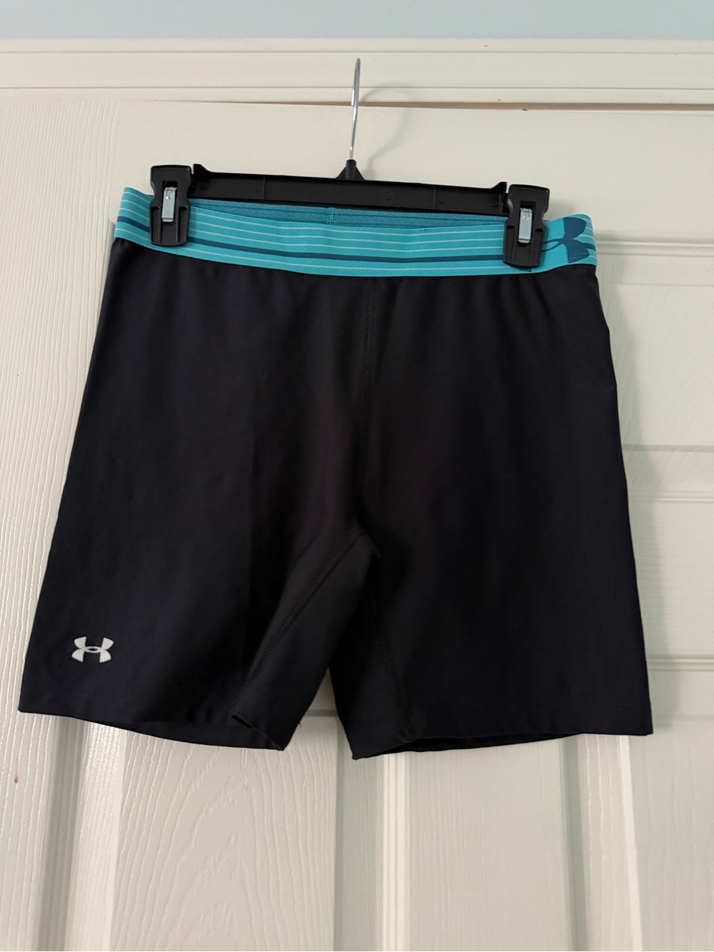 Under Armour Black Compression Shorts with Teal Striped Waistband